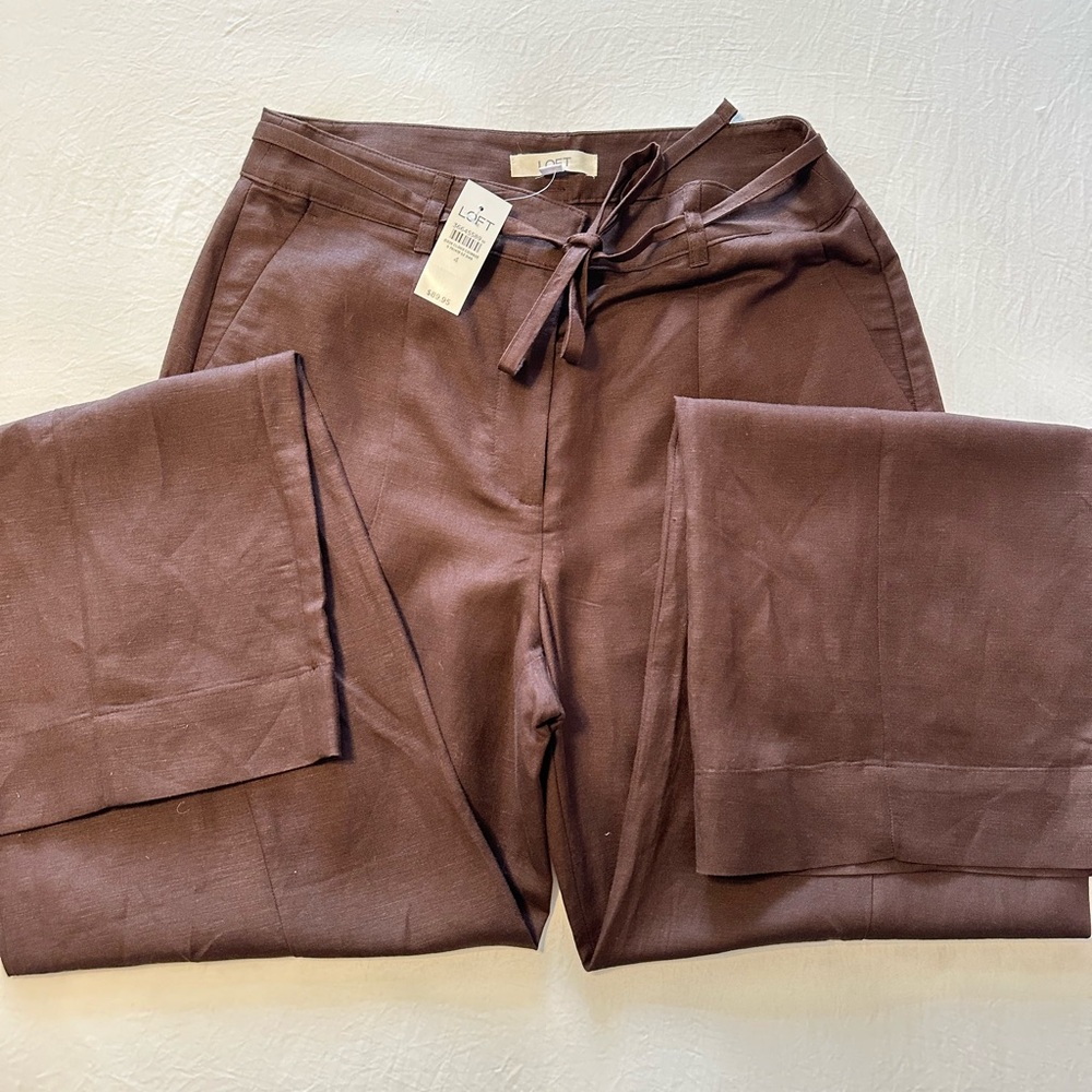 NWT Loft Brown Wide-Leg Tie Waist Linen Pants